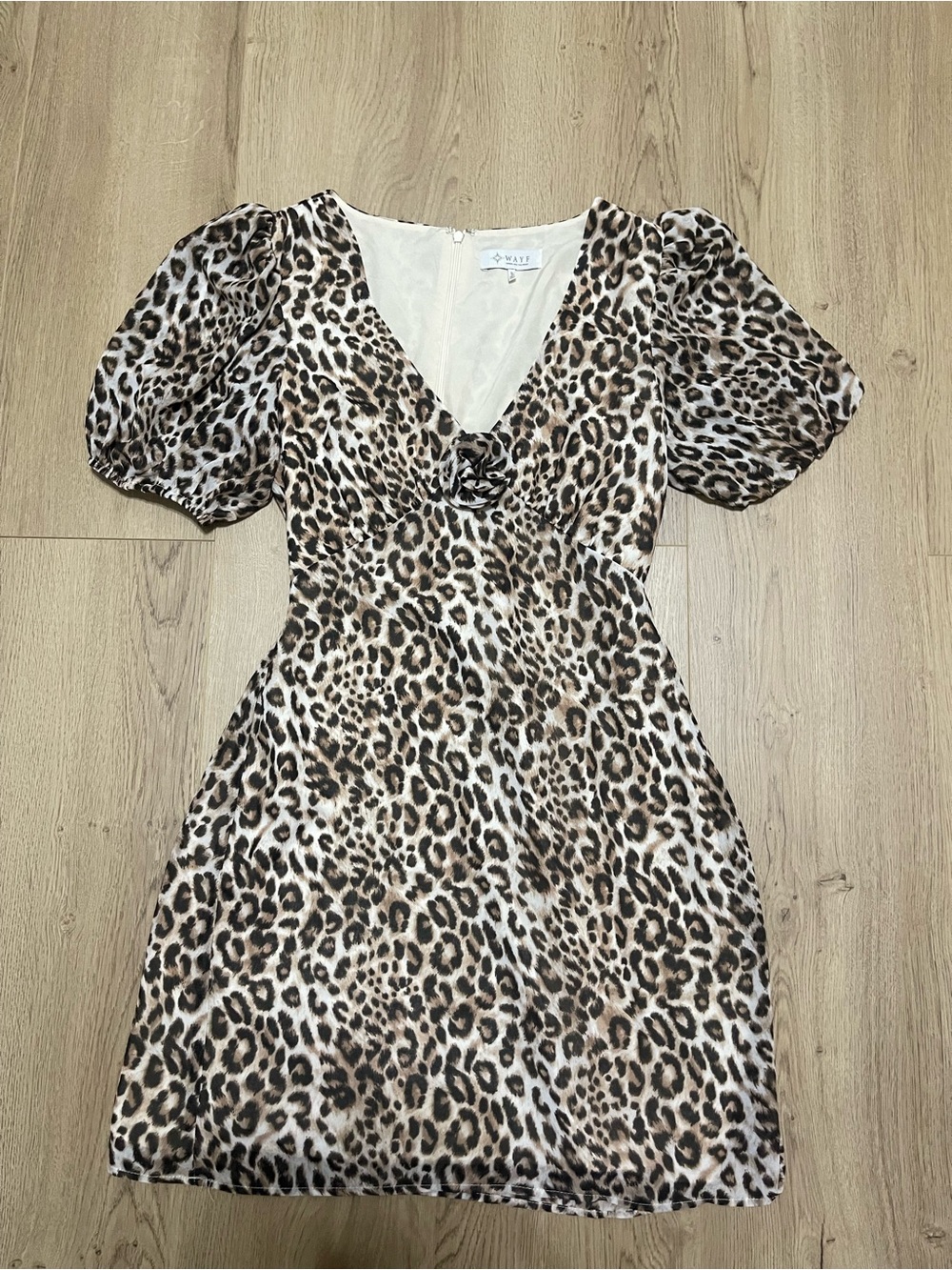 Wayf Leopard Print Puff Sleeve V-Neck Dress - Brown, Black, Cream (S)